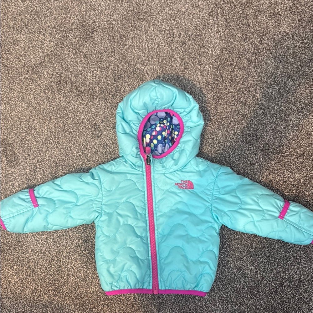 North Face Size 3-6 Months Aqua Hooded Puffer Jacket with Pink Accents